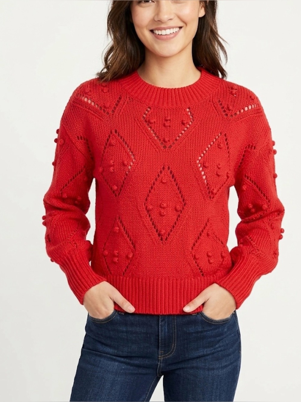 LOFT Red Textured Diamond Pattern Knit Sweater - Size Medium